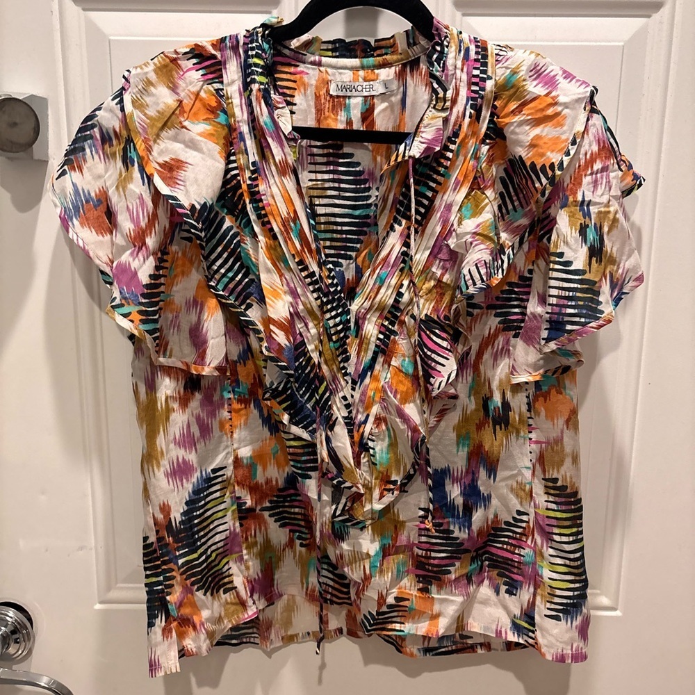 Maria Cher women's white multicolor printed ruffle blouse.